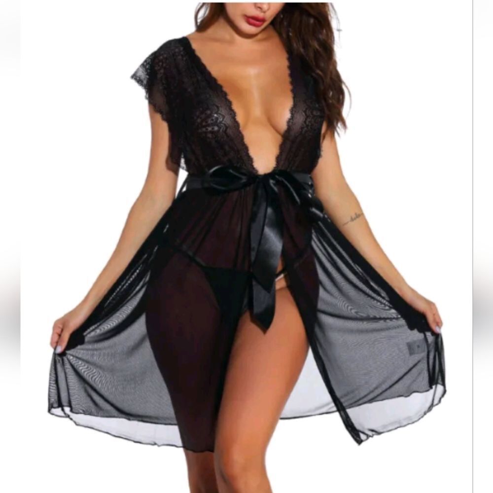 Sexy Women Lingerie Deep V Lace Babydoll Cover Up Mesh Robe Kimono Sleepwear Set